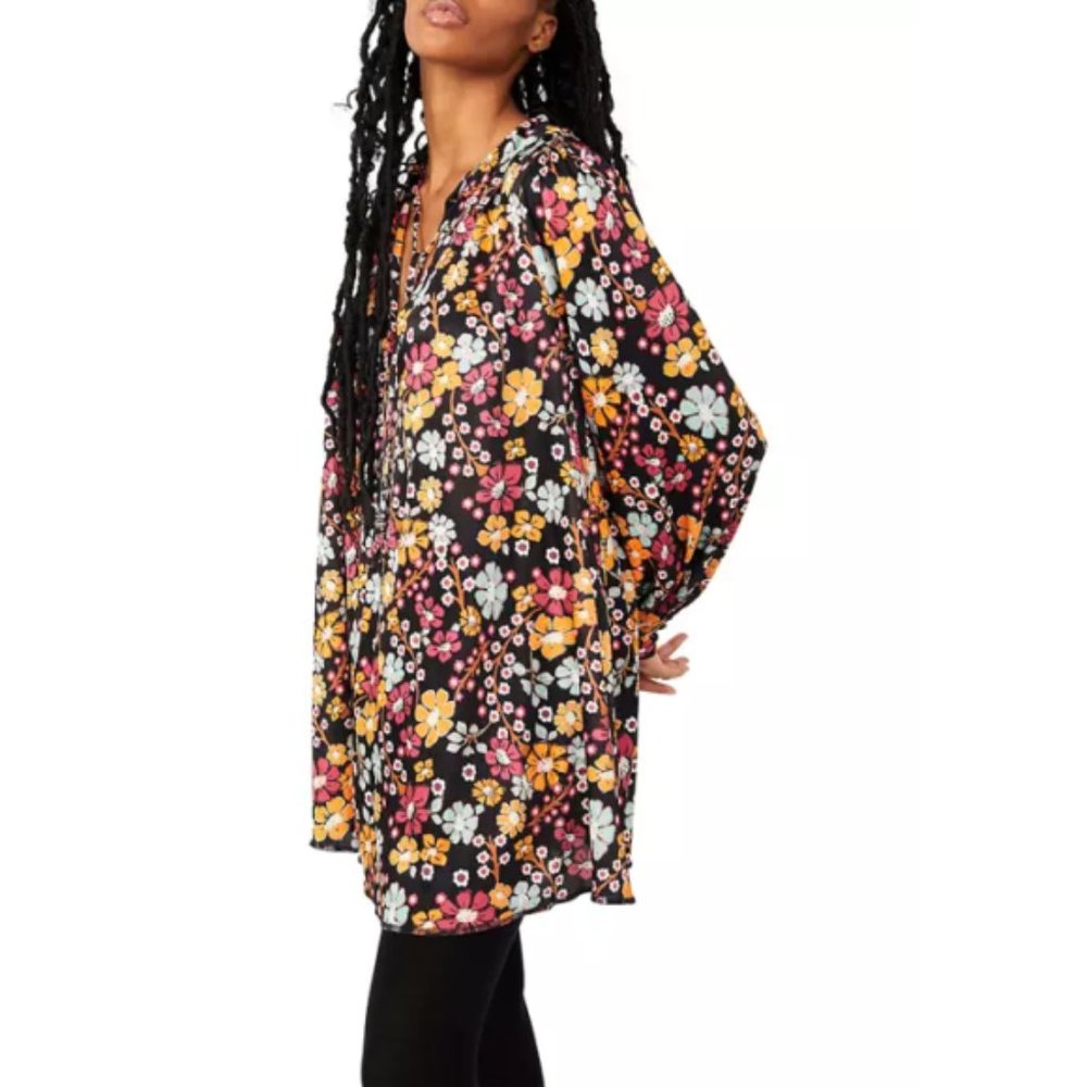 Free People "Daisy Jane" Long-Sleeve Mini Dress, Black Multi - Picture 3 of 3